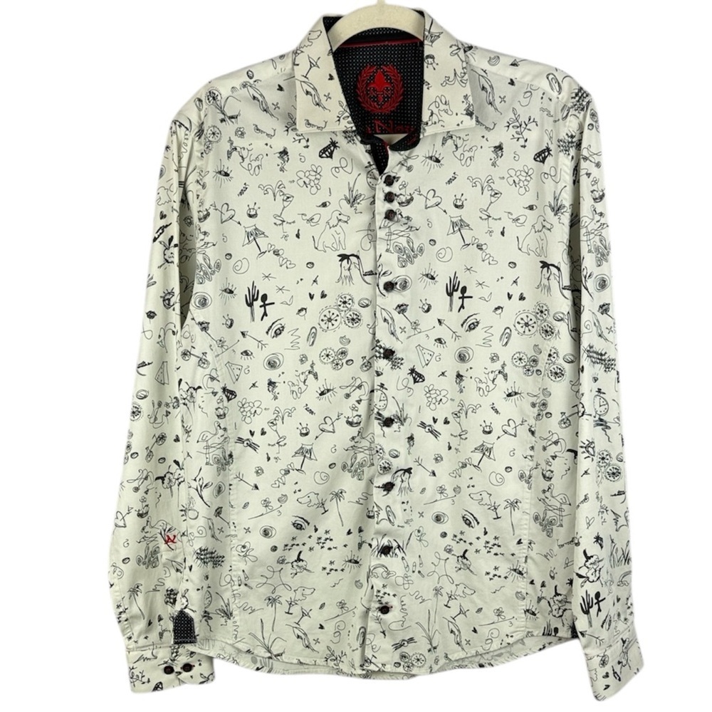 Au Noir Black White Graphic Patterned Embroidered Logo Long Sleeve Medium Shirt